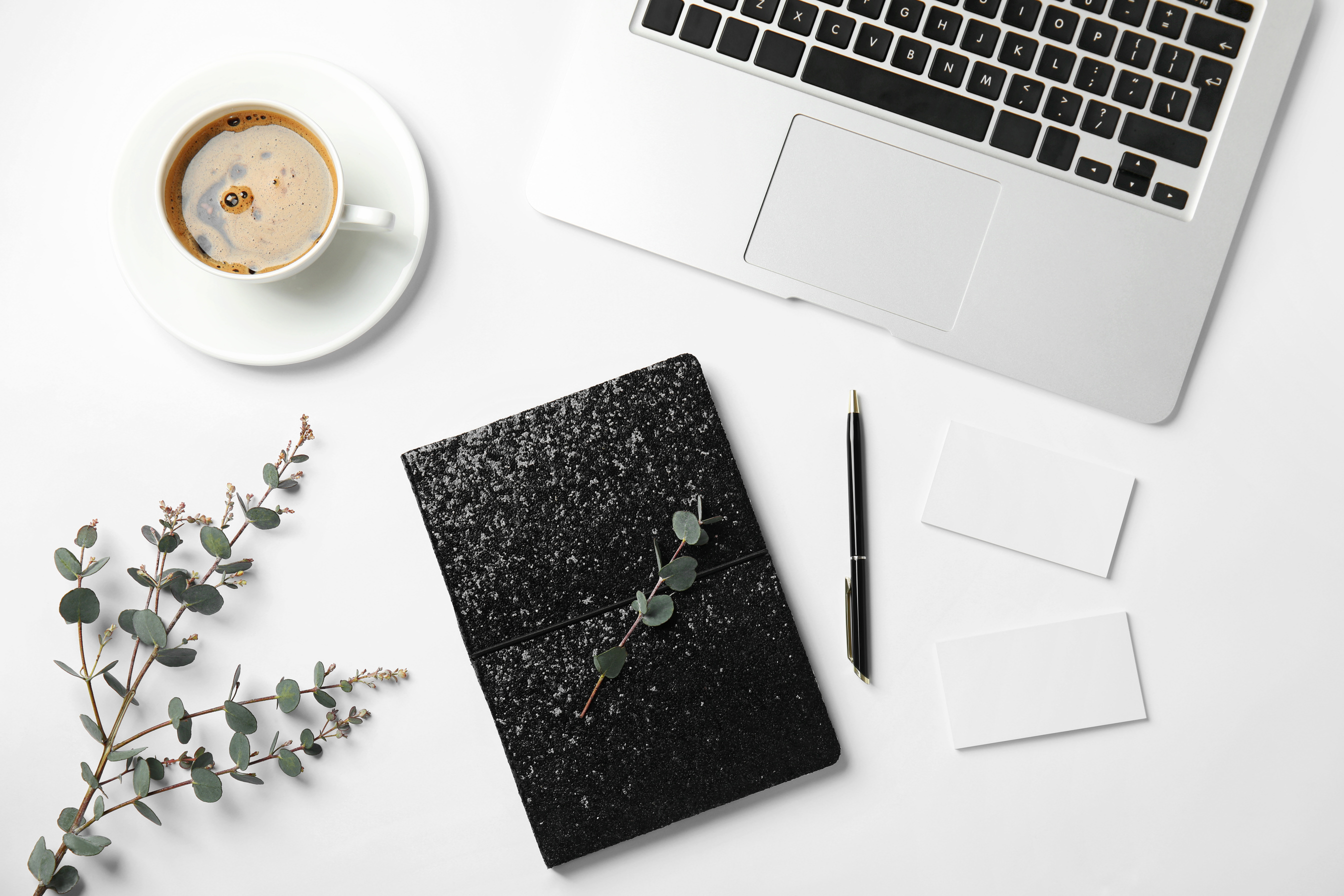 Flat Lay Composition with Glittering Notebook and Laptop on White Background